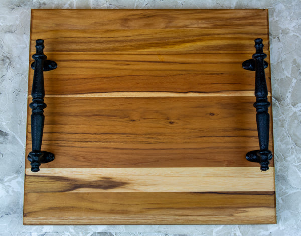 Teak Charcuterie Board With Black Iron Handles and Feet