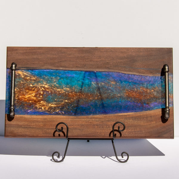 Turquoise, Blue, Purple, Gold and Copper Black Walnut River Charcuterie Board