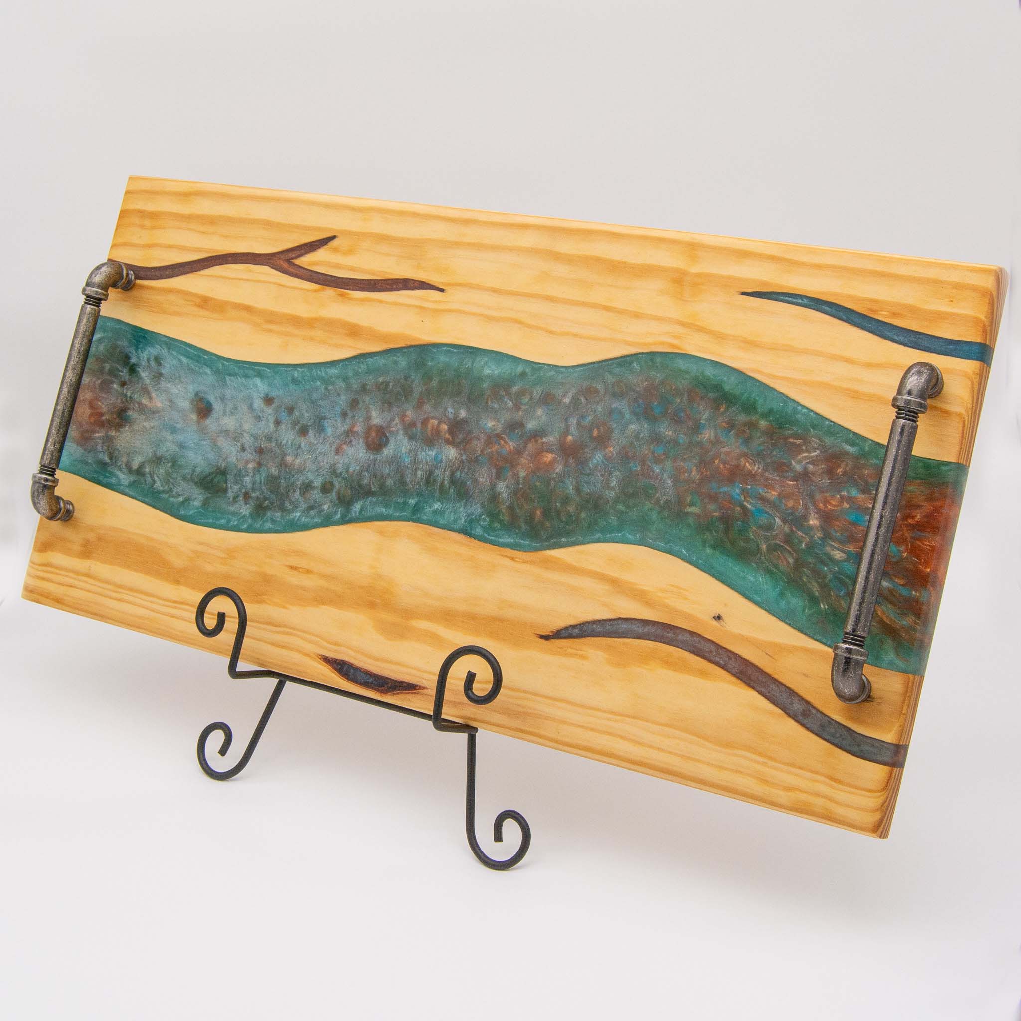 Turquoise, Green, Blue, Silver and Copper River Pine Charcuterie Board