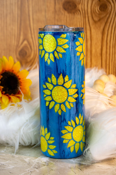 Blue Wood Grain with Peak-a-Boo Yellow Sunflowers, Ukraine Glitter Tumbler, 20 or 30 oz Skinny