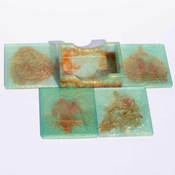 Nebula Green and Bronze Square Coasters - 5 piece set