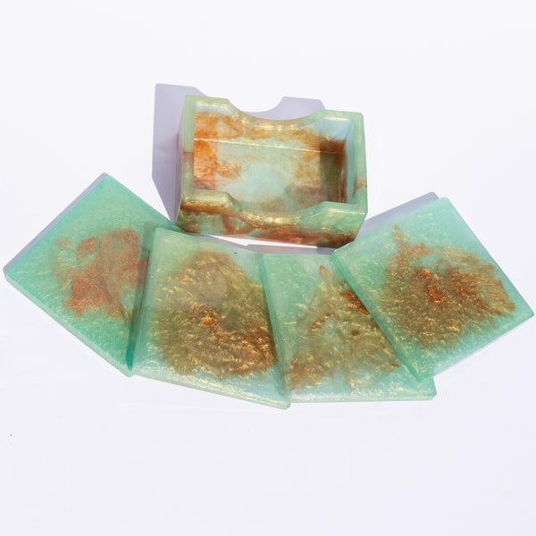 Nebula Green and Bronze Square Coasters - 5 piece set